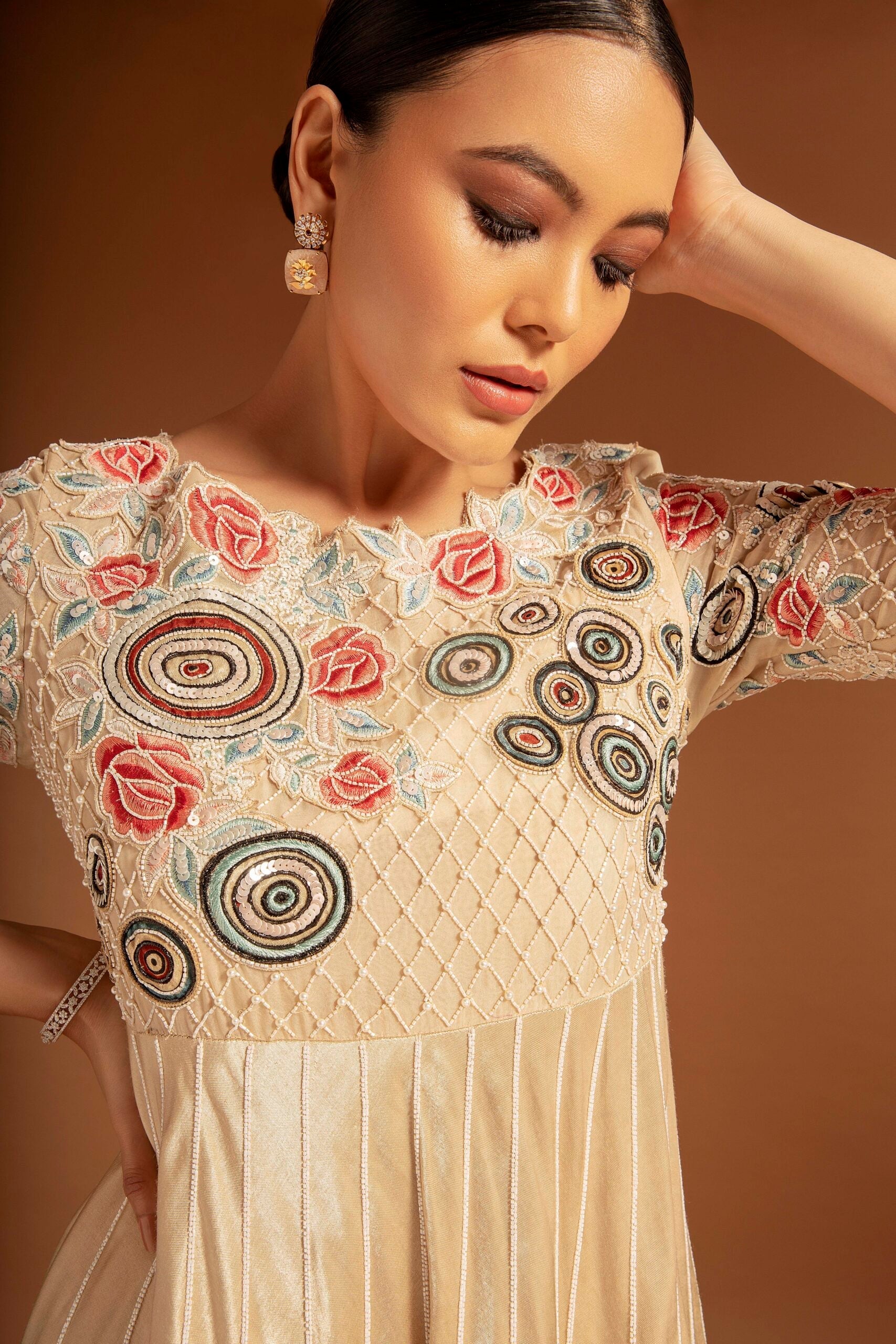 Ivory Ajrakh embroidered aasymmetric anarkali with pants
