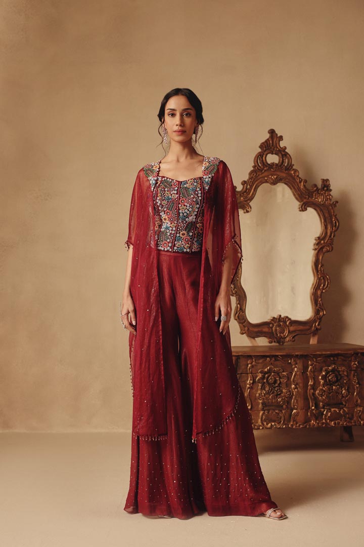 Wine Cape with Hand Embroidery corset along with Sharara pants