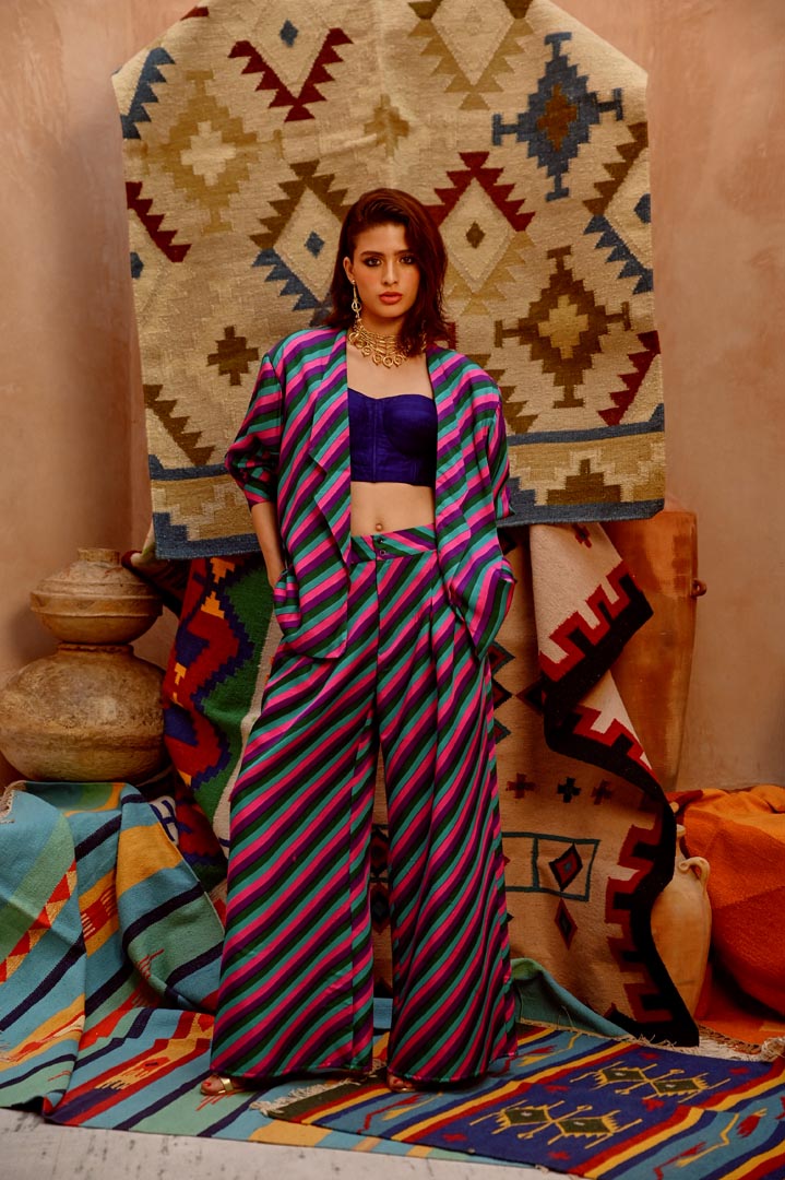 Image of Multi-colour indi-leheriya oversized jacket with corset and papa pants