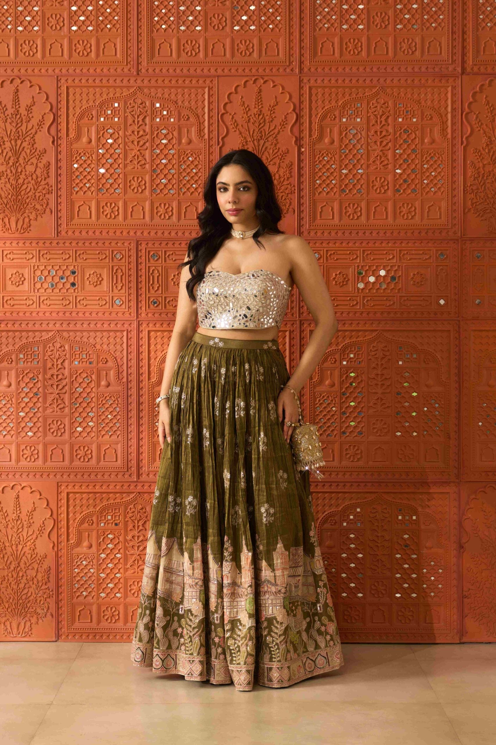 Sheesh Mahal Olive Skirt Set