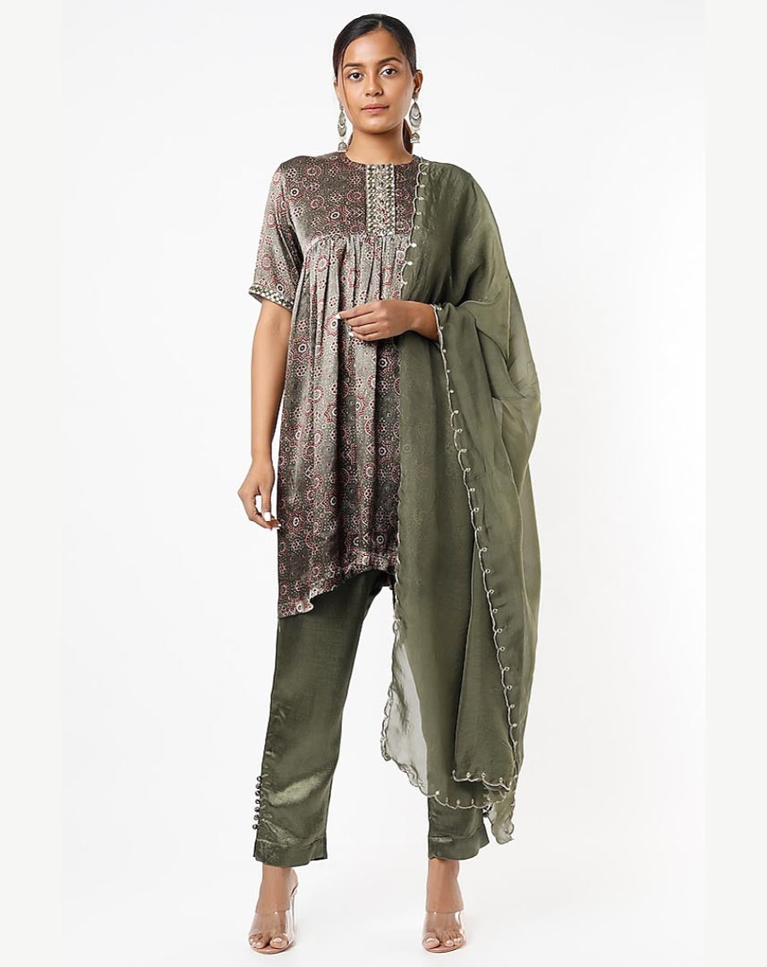 Olive Green Printed Kurta Set