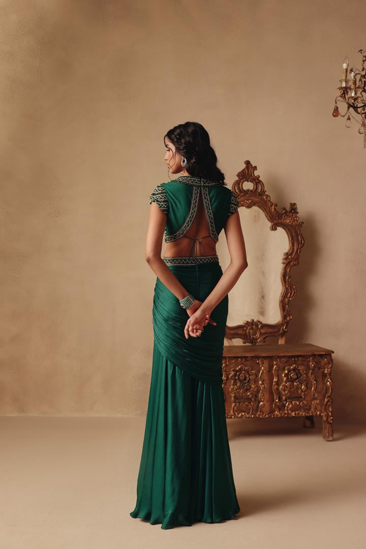Emerald Cocktail Hand embroidered Drape Skirt set