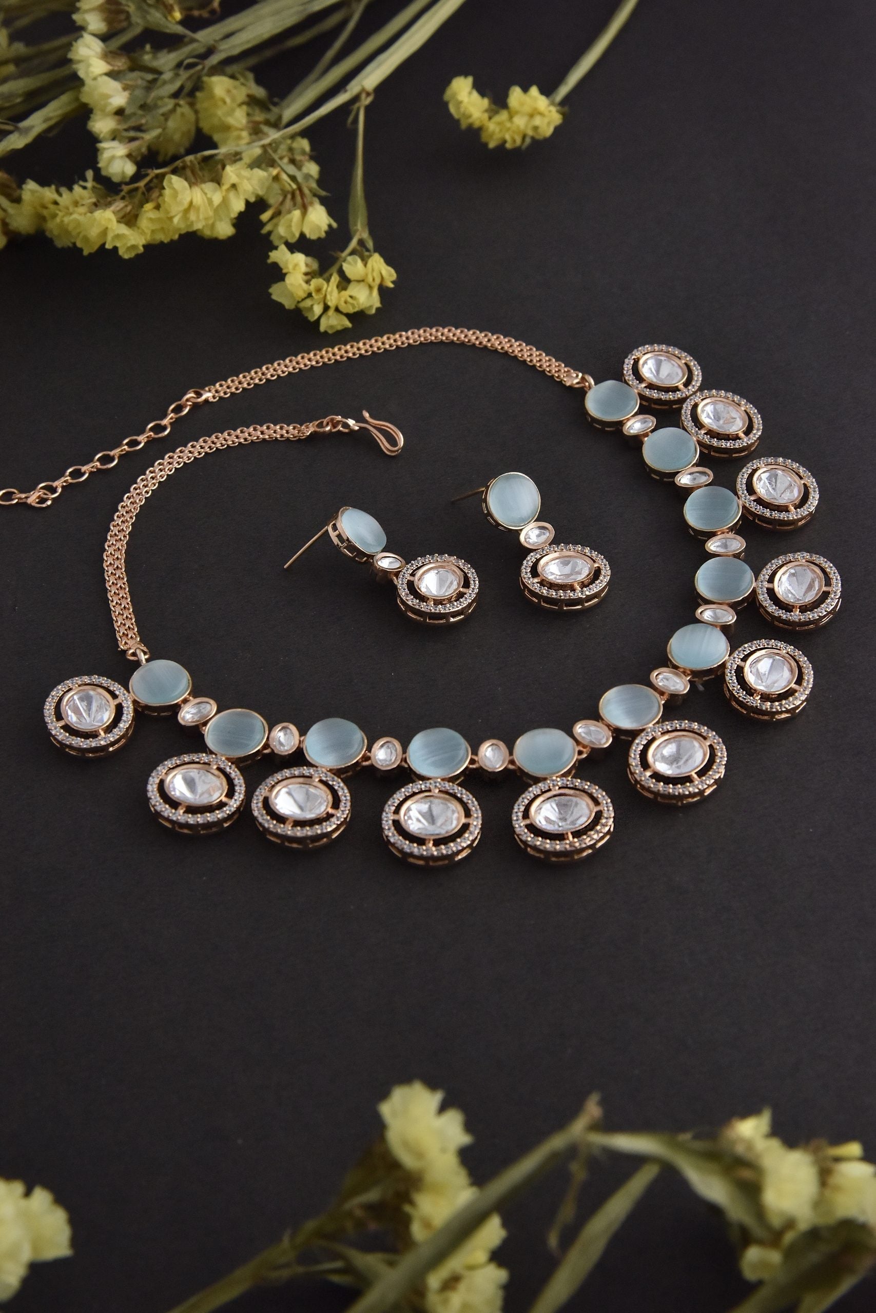 Blue Rose Gold Tone Polki Necklace Set