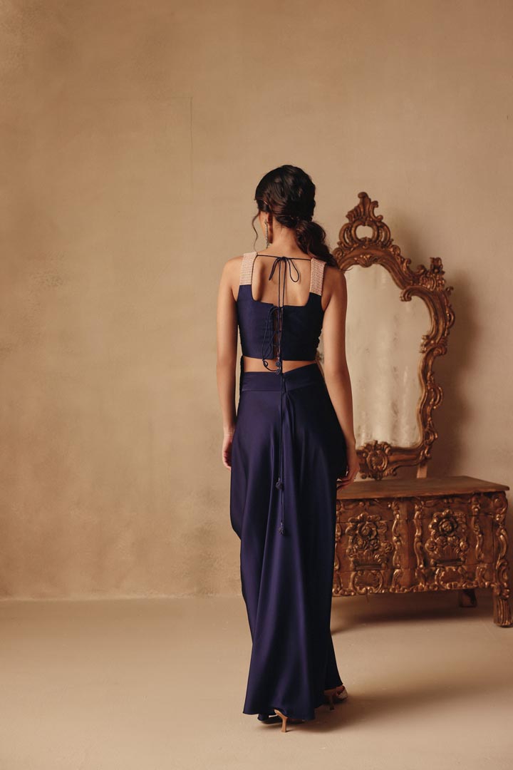 Elegant Dhoti Skirt with Long Blouse Hand embroidery Dori Back