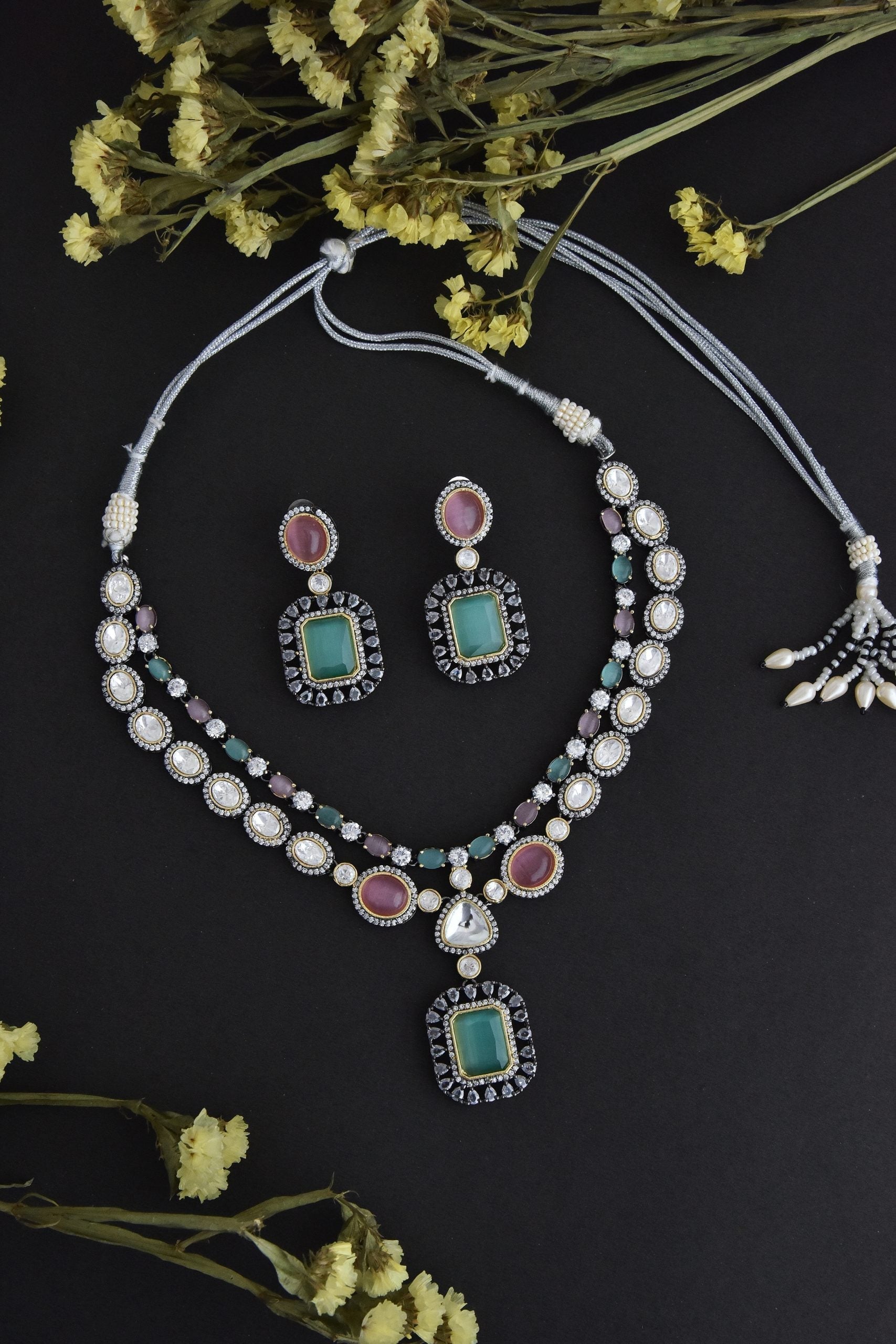 Pink and Mint Silver Tone Polki Necklace Set