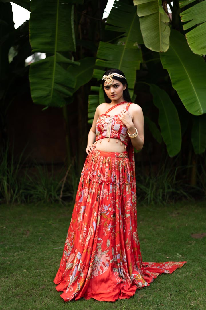 Red Viscose Printed Skirt Set