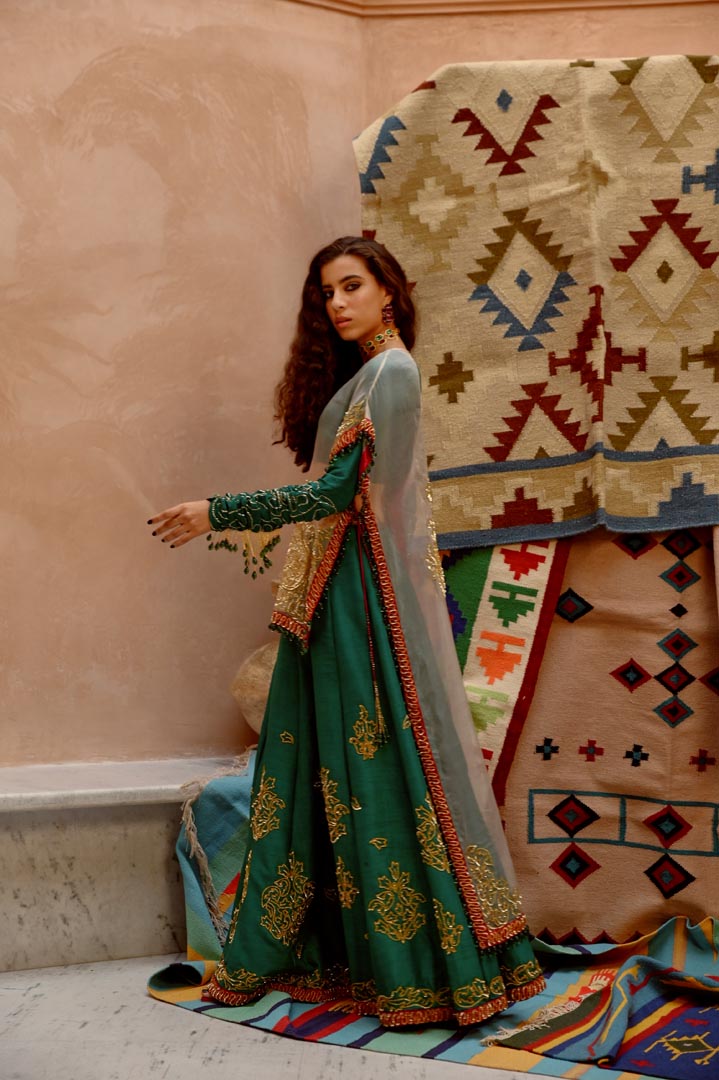 Image of Fawn sheer sac cape with churidar full sleeve blouse and sharara