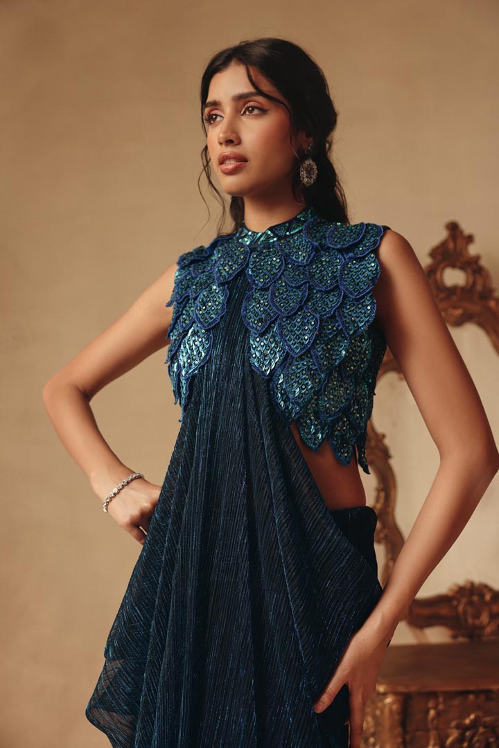 Blue Hand Embroidered Feathers Drape Saree Gown