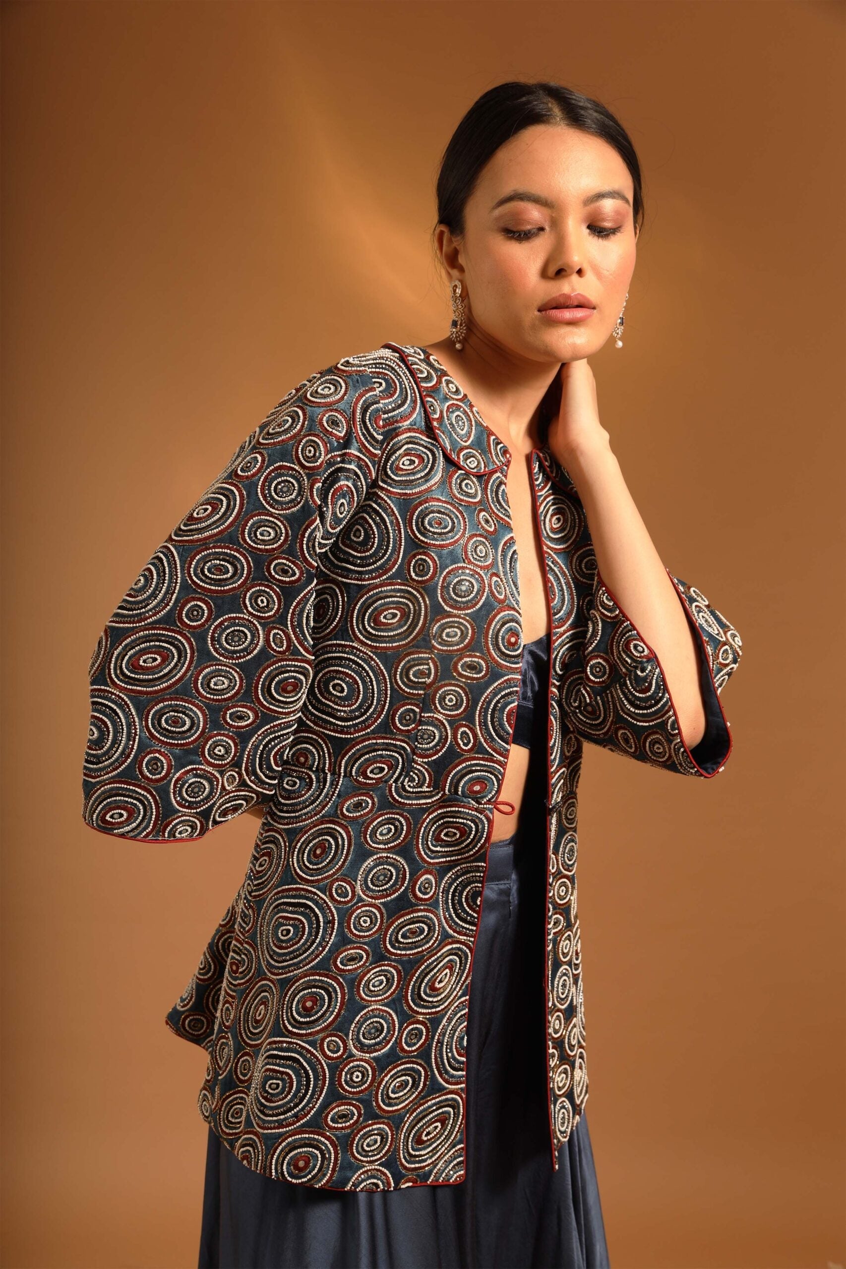 Blue embroidered jacket  and bustier with pants