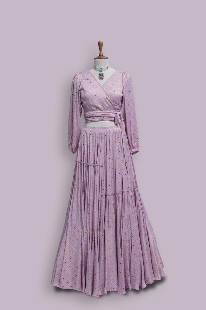 Lavender Viscose Satin Printed Skirt Set