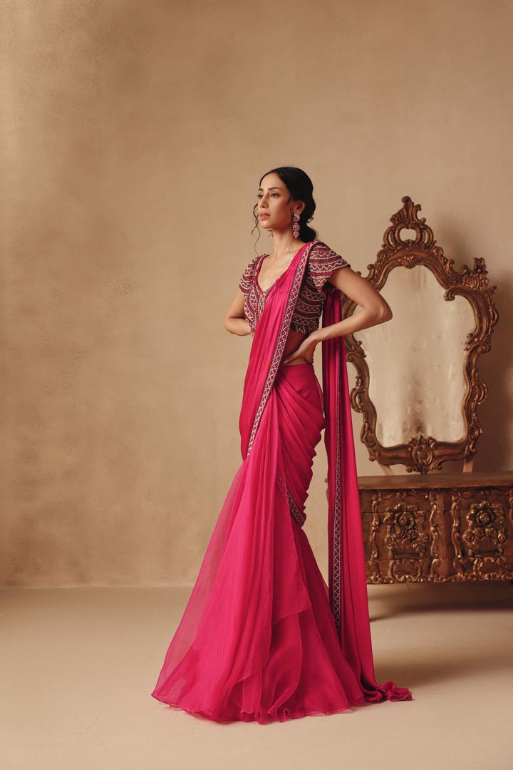 Pink Drape Hand Embroidery Saree