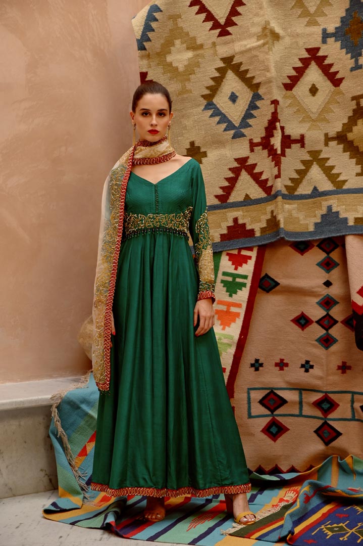 Image of Emerald Green anarkali, pants and dupatta set