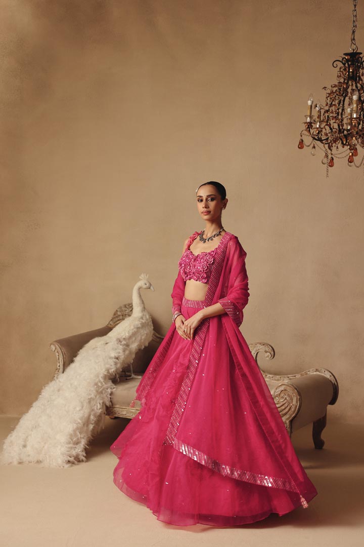 Hand Embroidered Elegant Pink 3D Flowers Lehenga Set