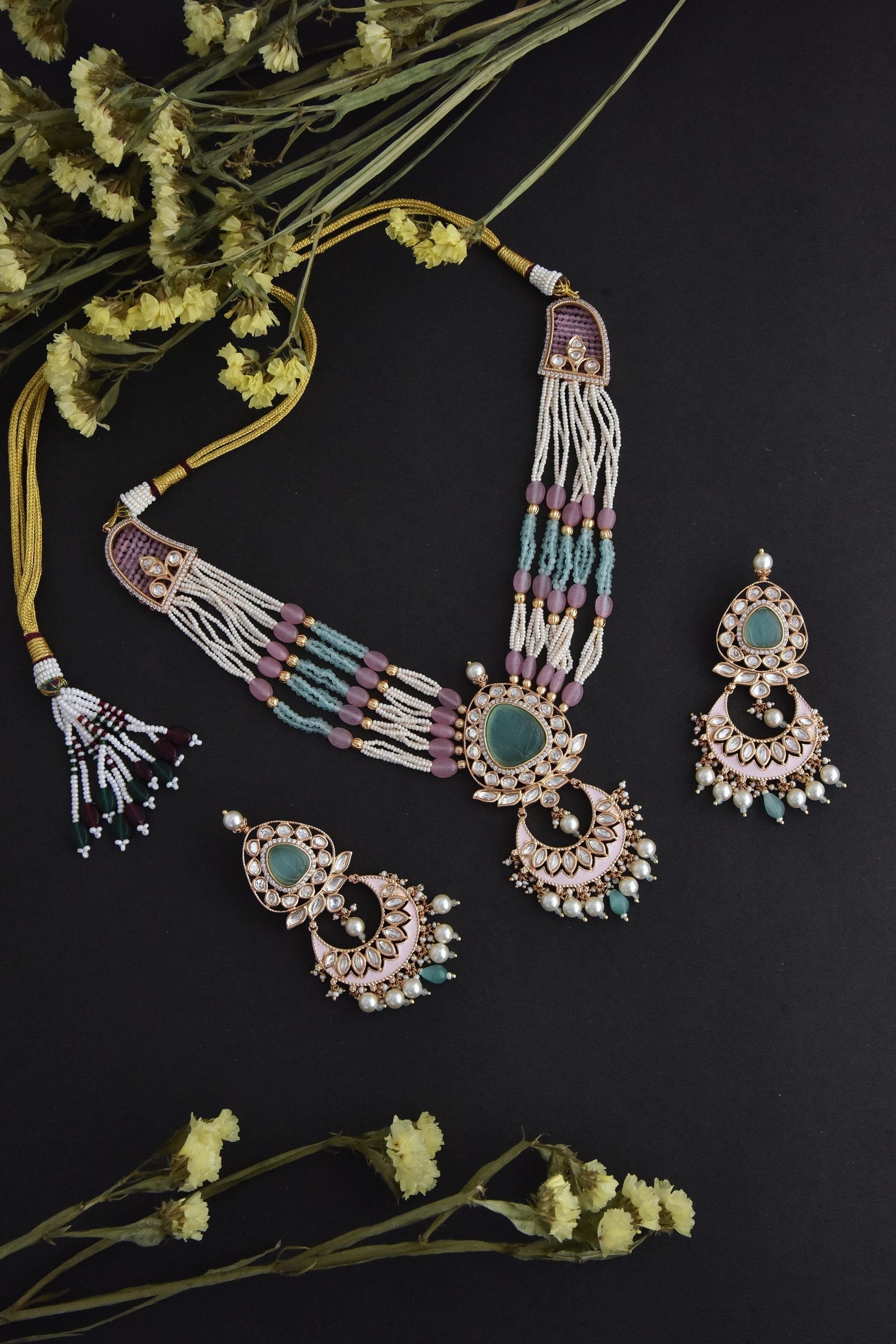 Pink and Mint Rose Gold Tone Polki Necklace Set