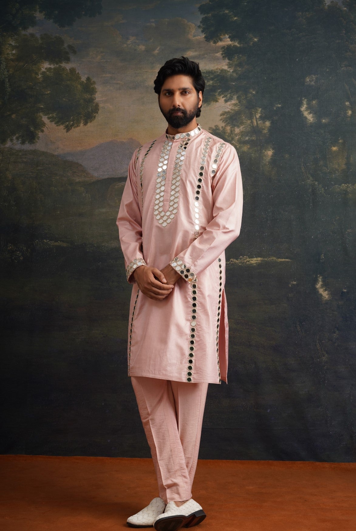 clay pink full hand embroidred mirror work kurta set