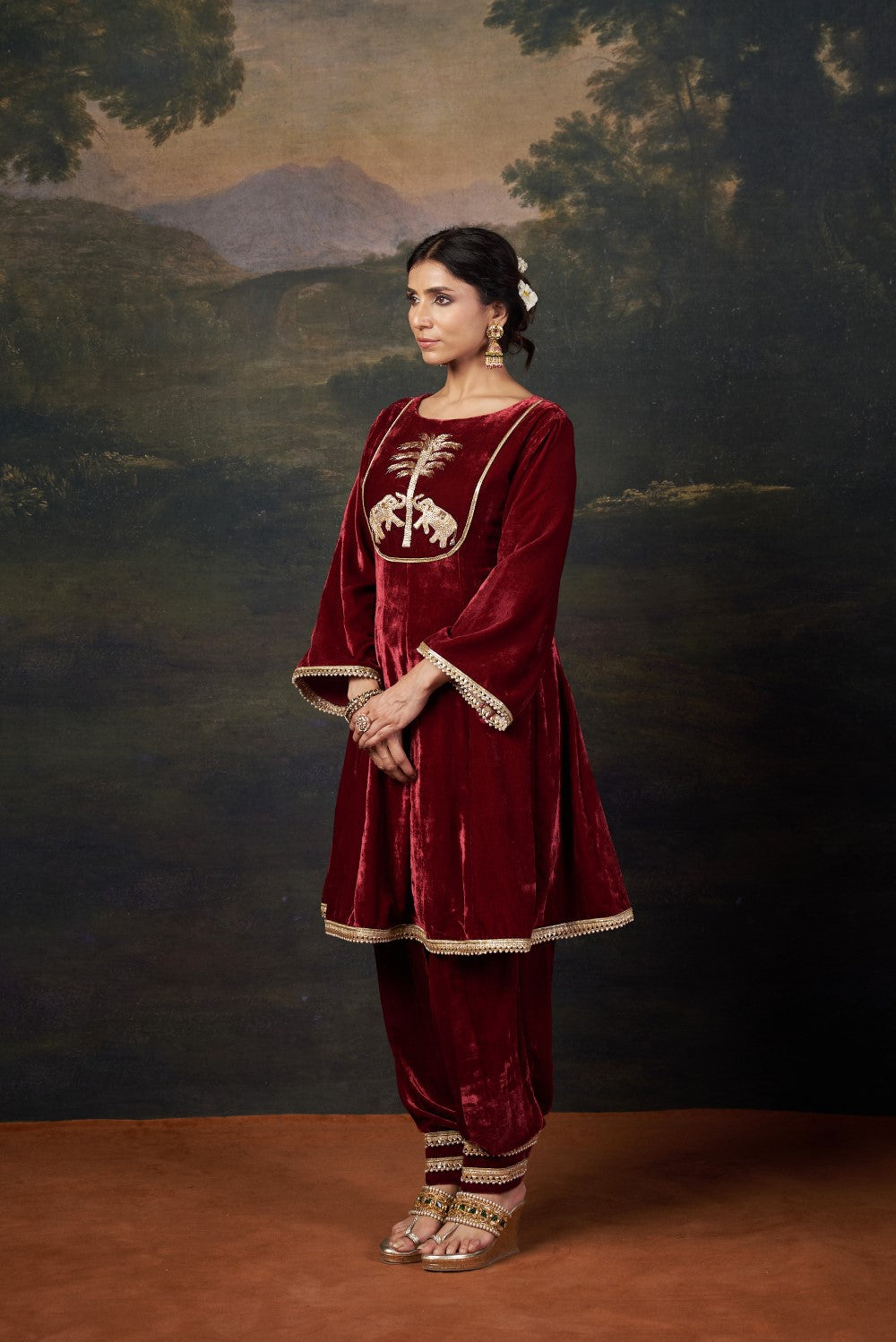 Hand-Embroidered Velvet Red Kalidar Anarkali Set