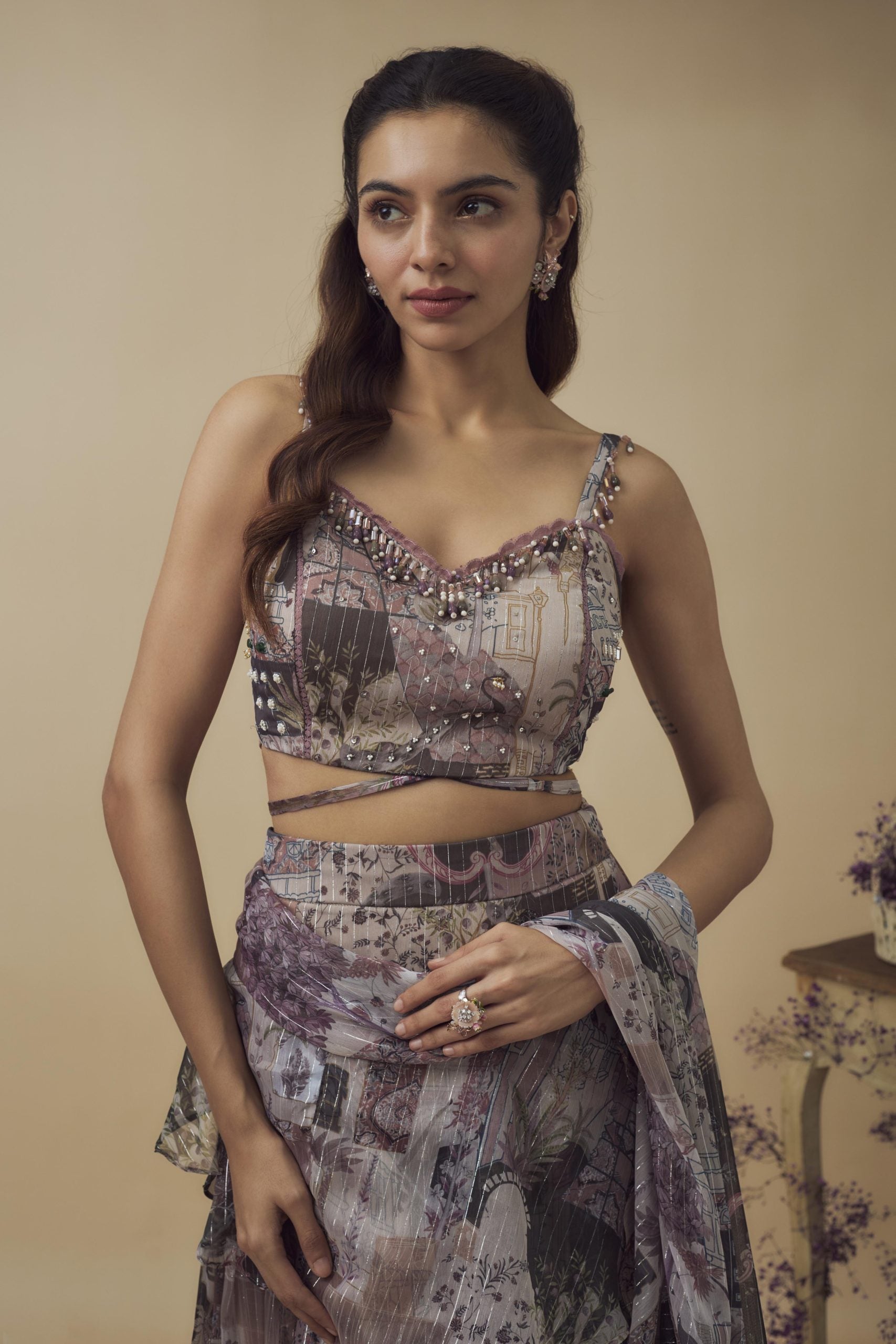 PRINTED HAND EMBROIDERED RUFFLE DRAPE LEHENGA SET