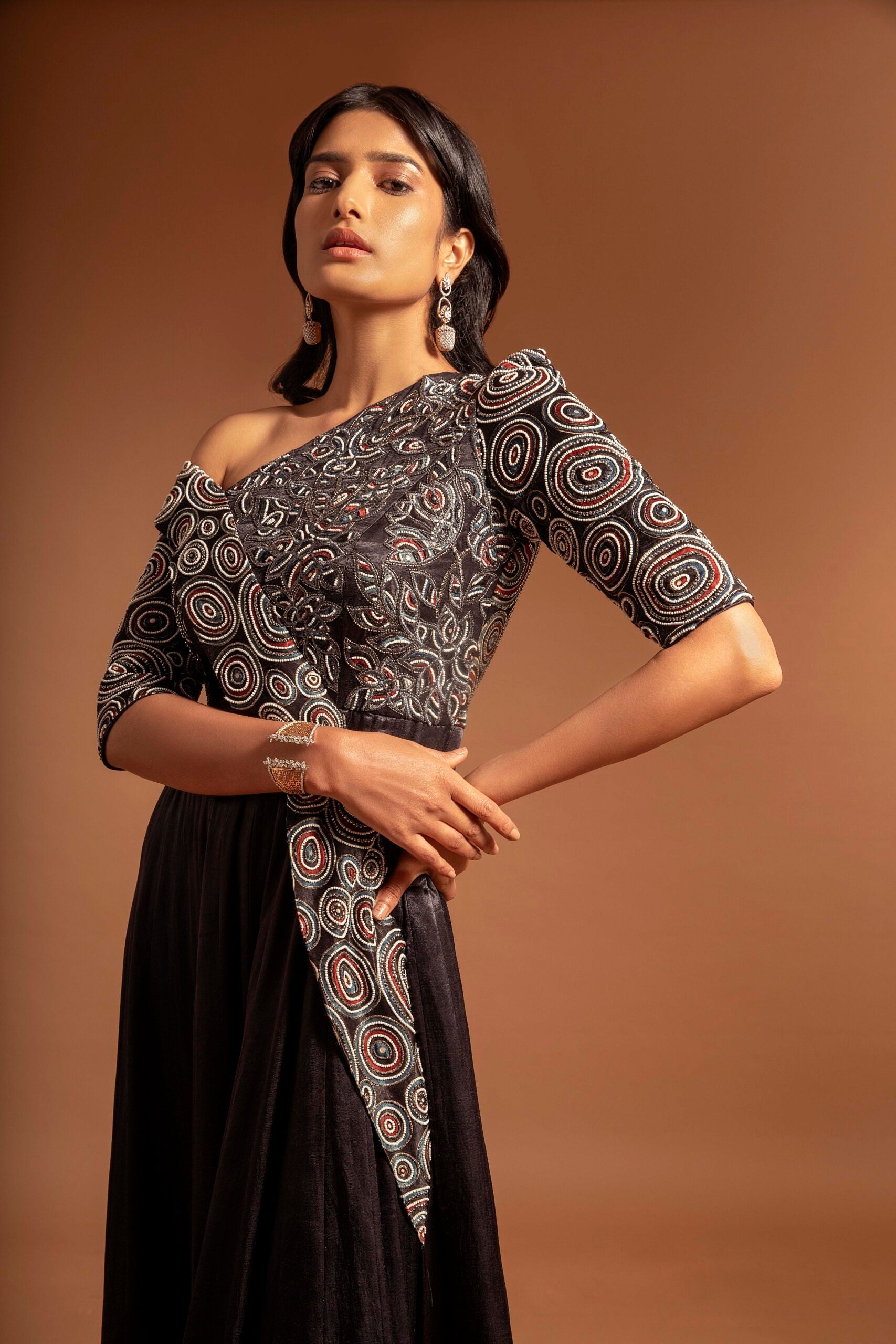Black fully embroidered one off shoulder ajrakh anarkali