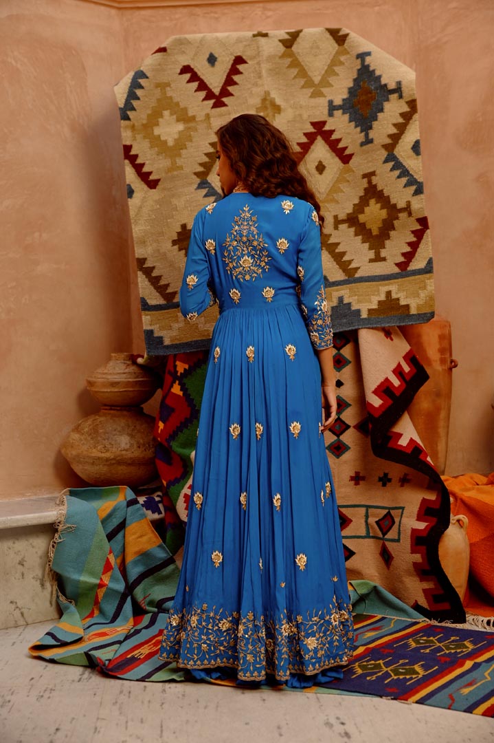 Image of Cobalt Blue front open anarkali Jacket set with pant and dupatta