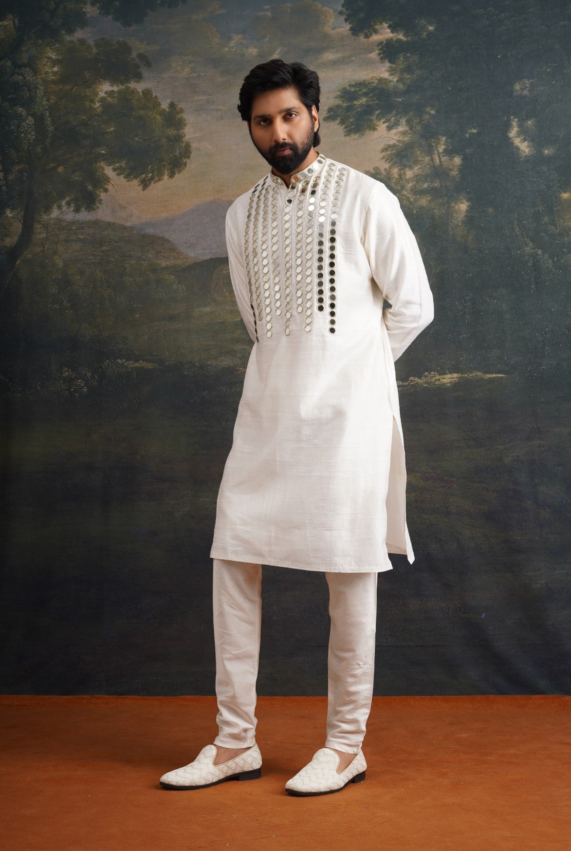 Hand embroidered ivory Mirror Work Kurta with Matching pant