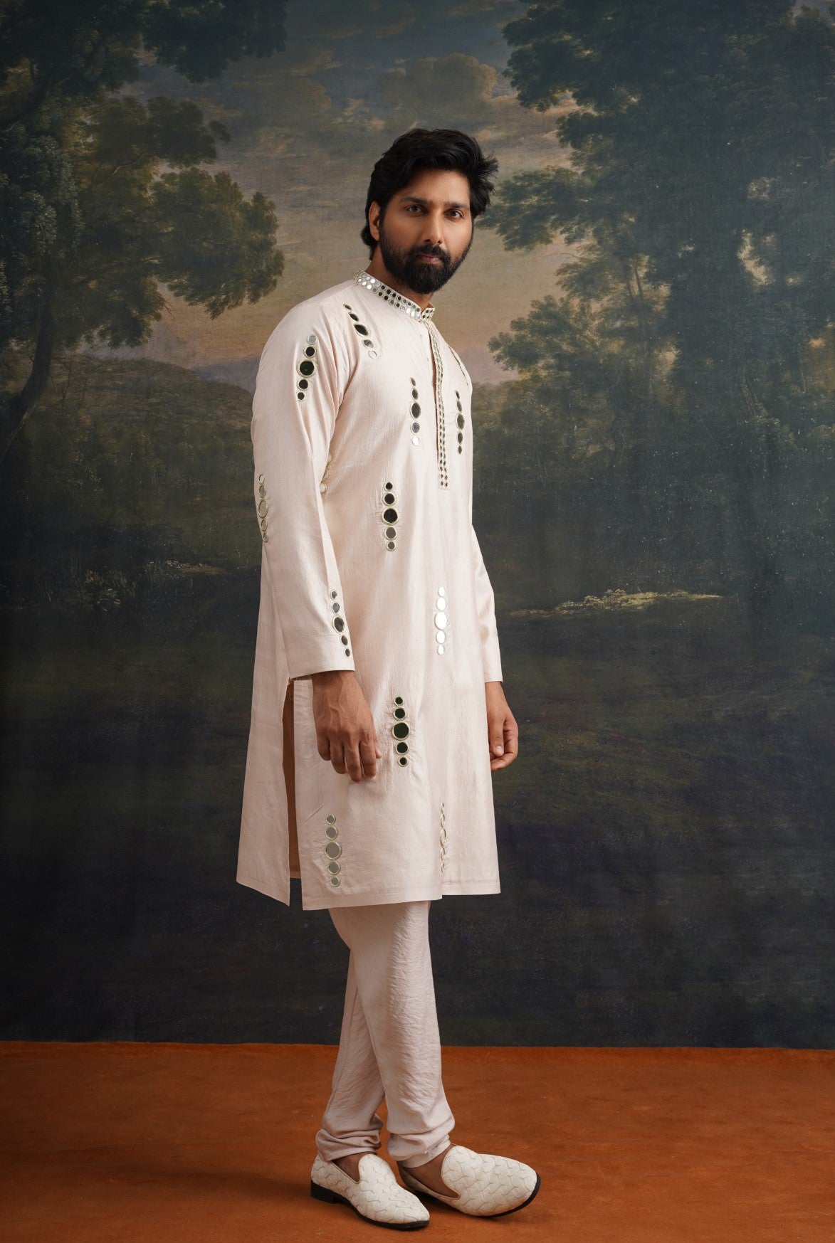 Beige hand embroidered Mirror Work Kurta with Matching Pant