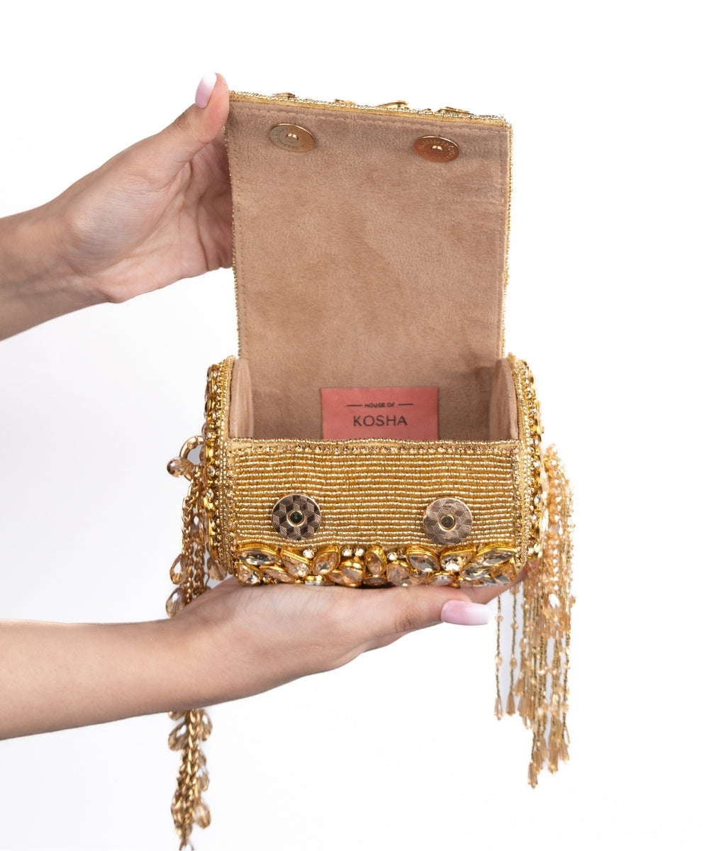 Mia Gold Georgette Embellished Mini Cylinder Bag