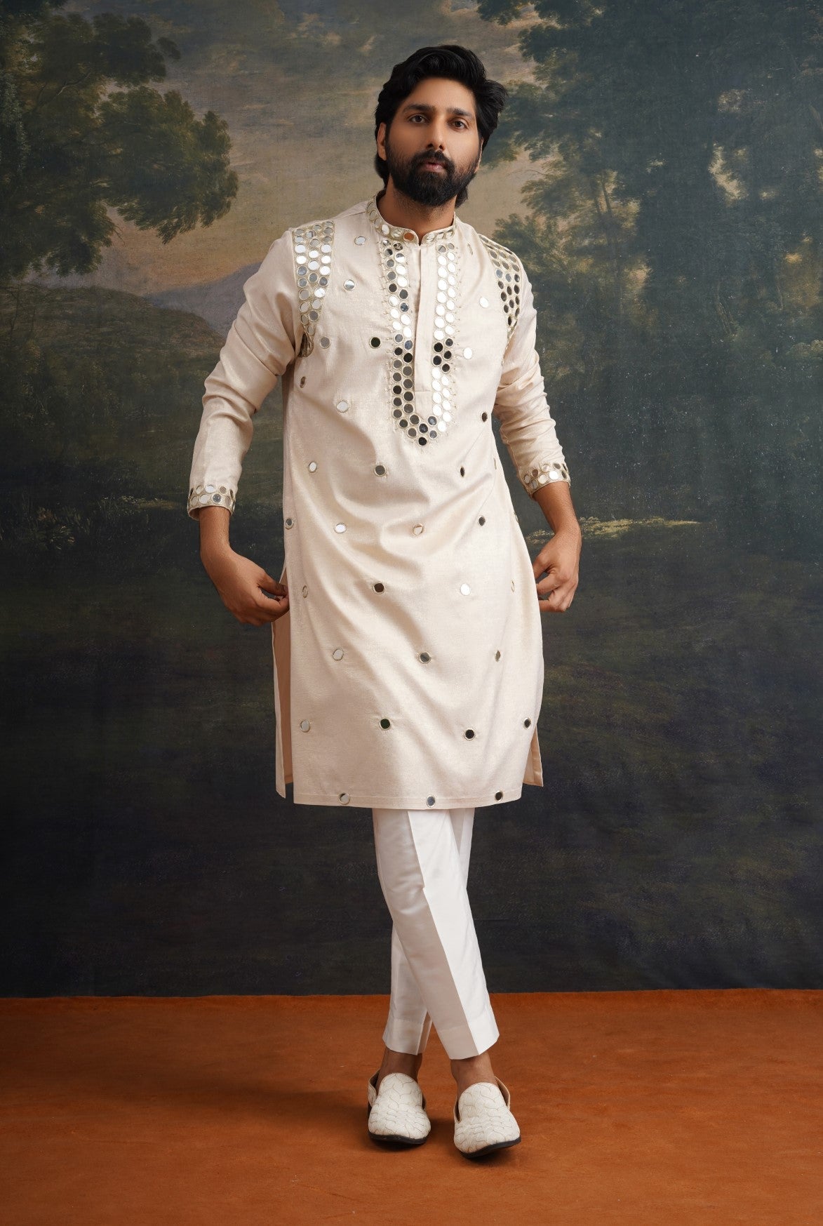 Ivory gold hand embroidred round mirror work kurta set