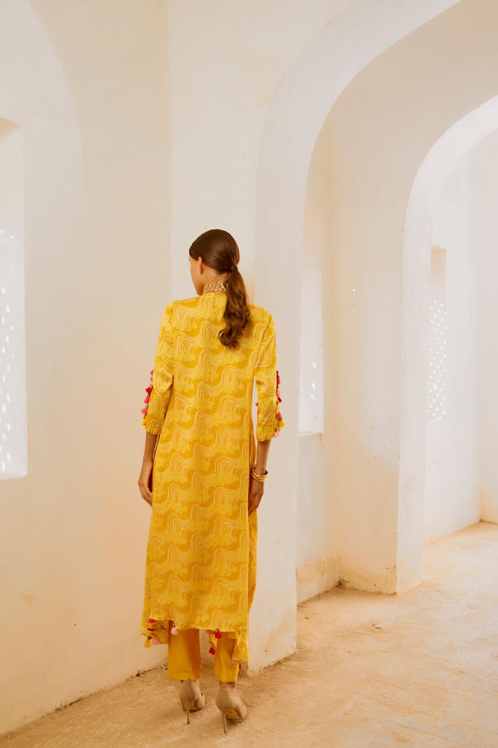 Image of Gulbahar Marigold Yellow  tassel tunic pant set