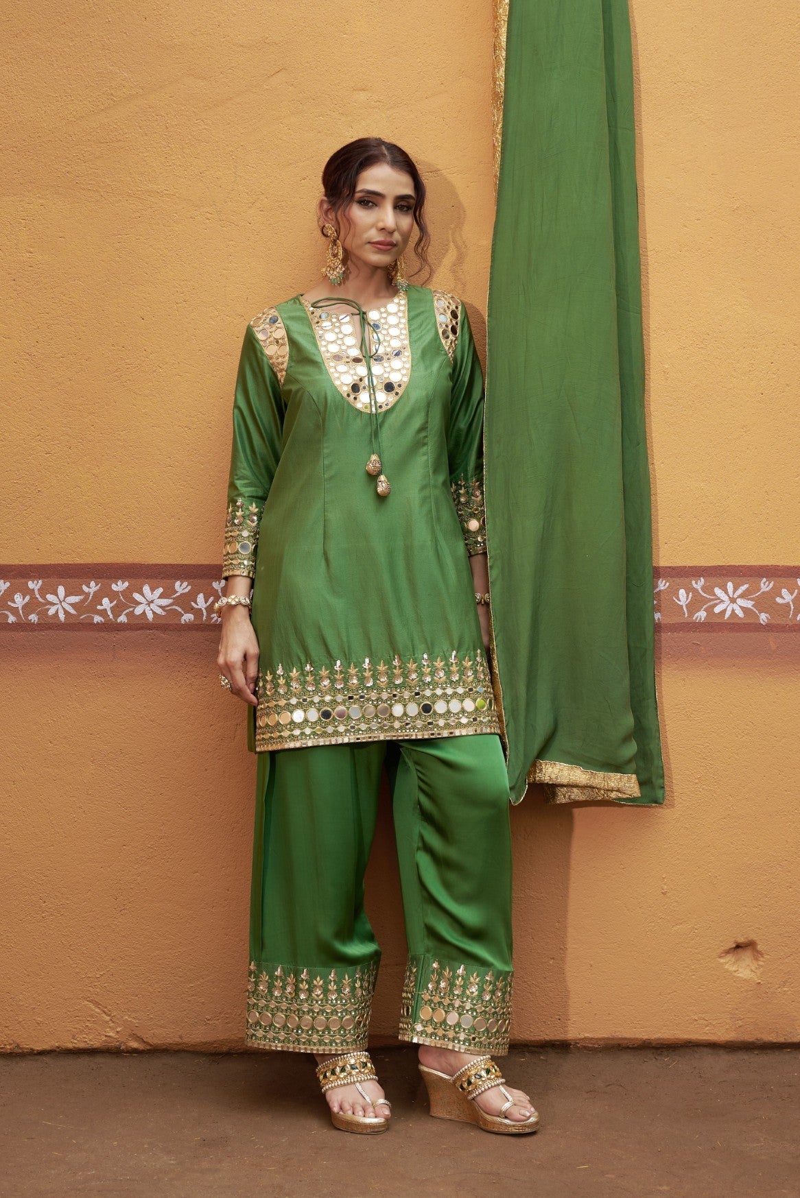 mirror work hand embroidry  green kurta set