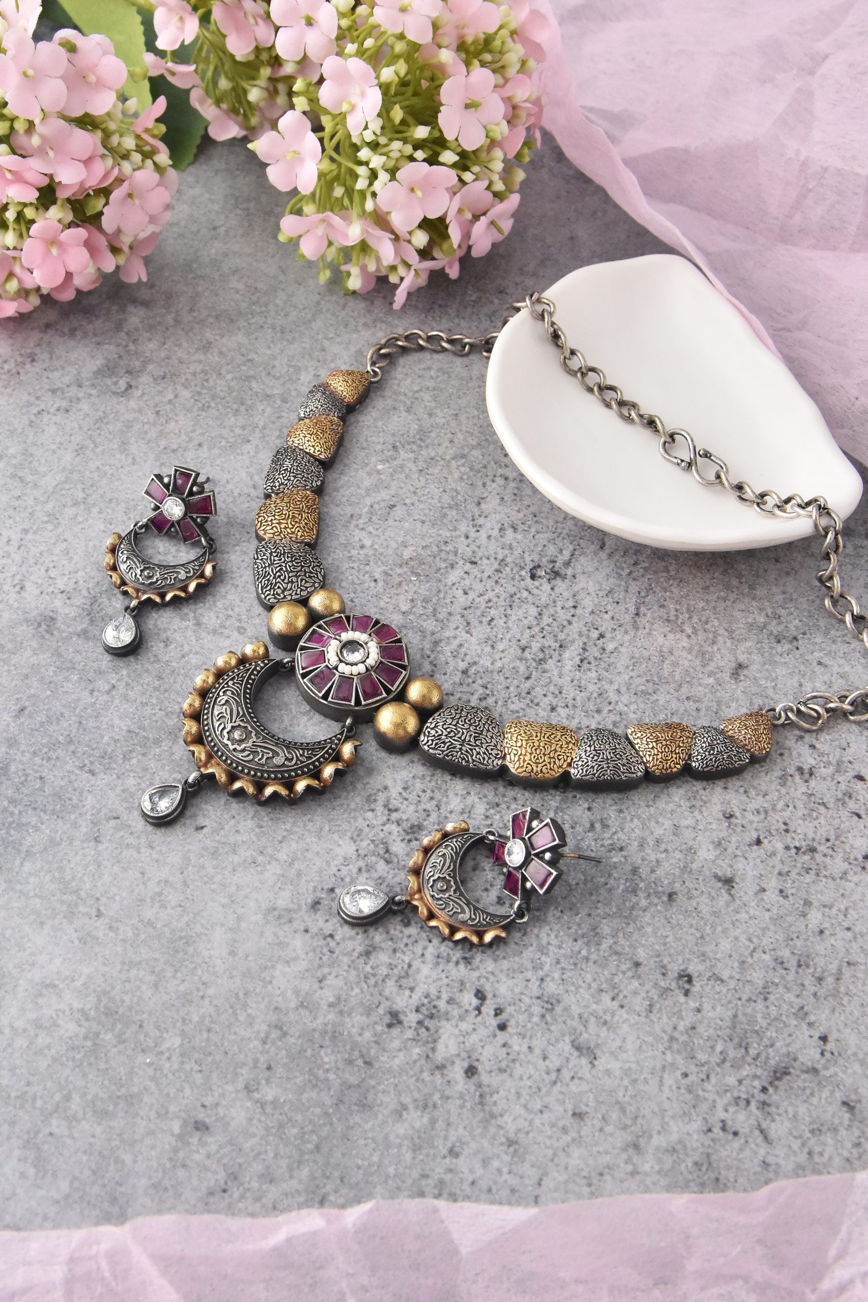 Purple Rhodium Tone Necklace Set