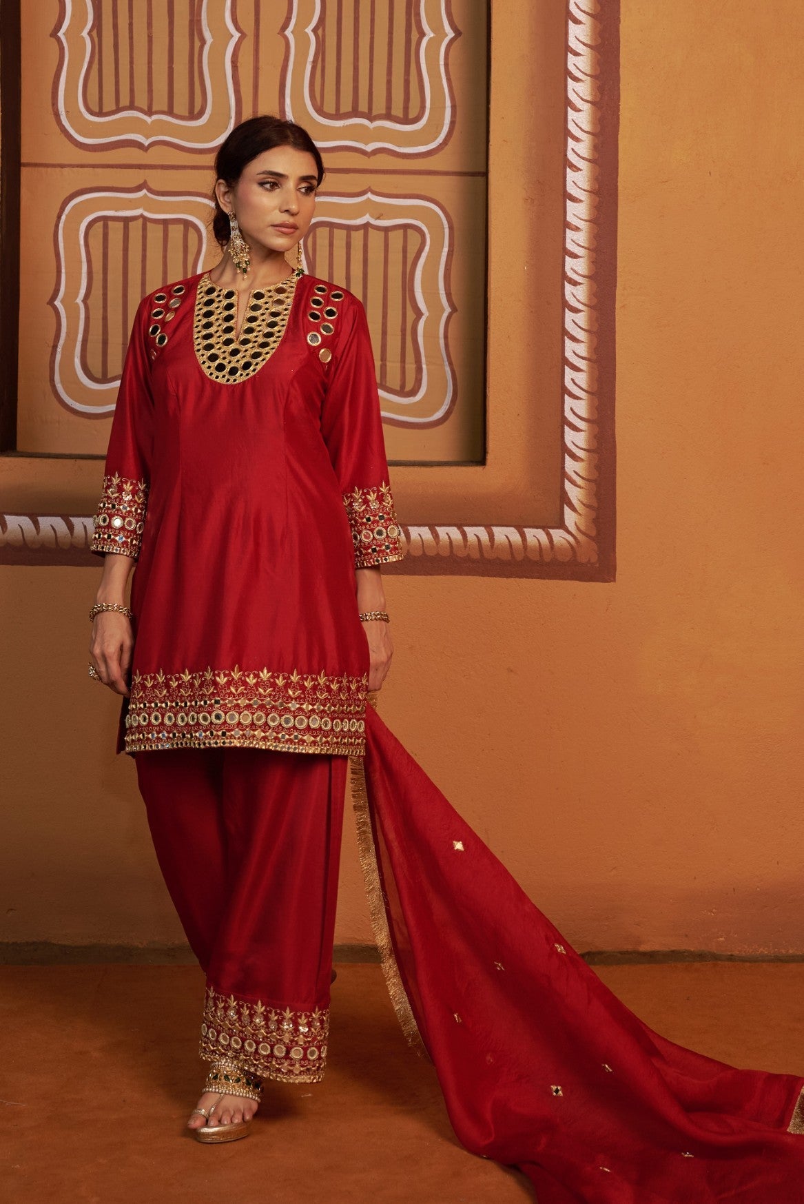 mirror work hand embroidry  red kurta set