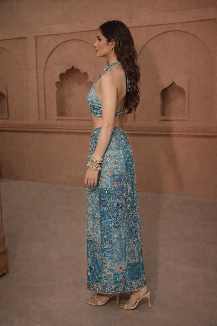 Dazzling Blue Embellished Skirt & Bustier Set for Royal Occasions