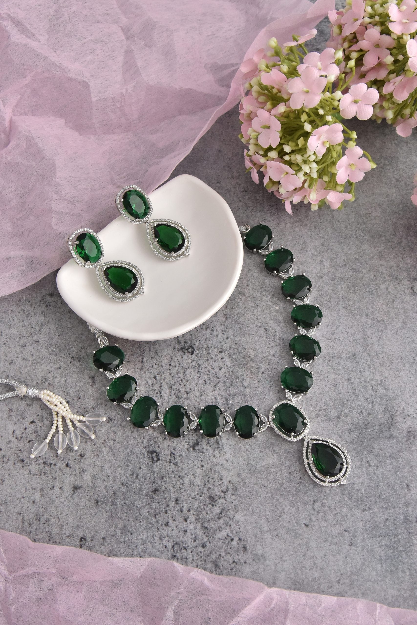 Emerald Silver Tone Zirconia Necklace Set