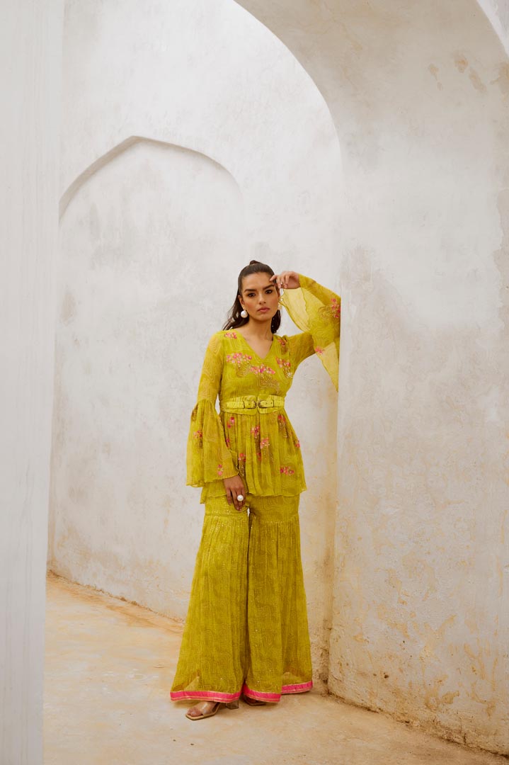 Image of Gulbahar Lemon Green Guldasta tunic with jugnu Sharara and belt set