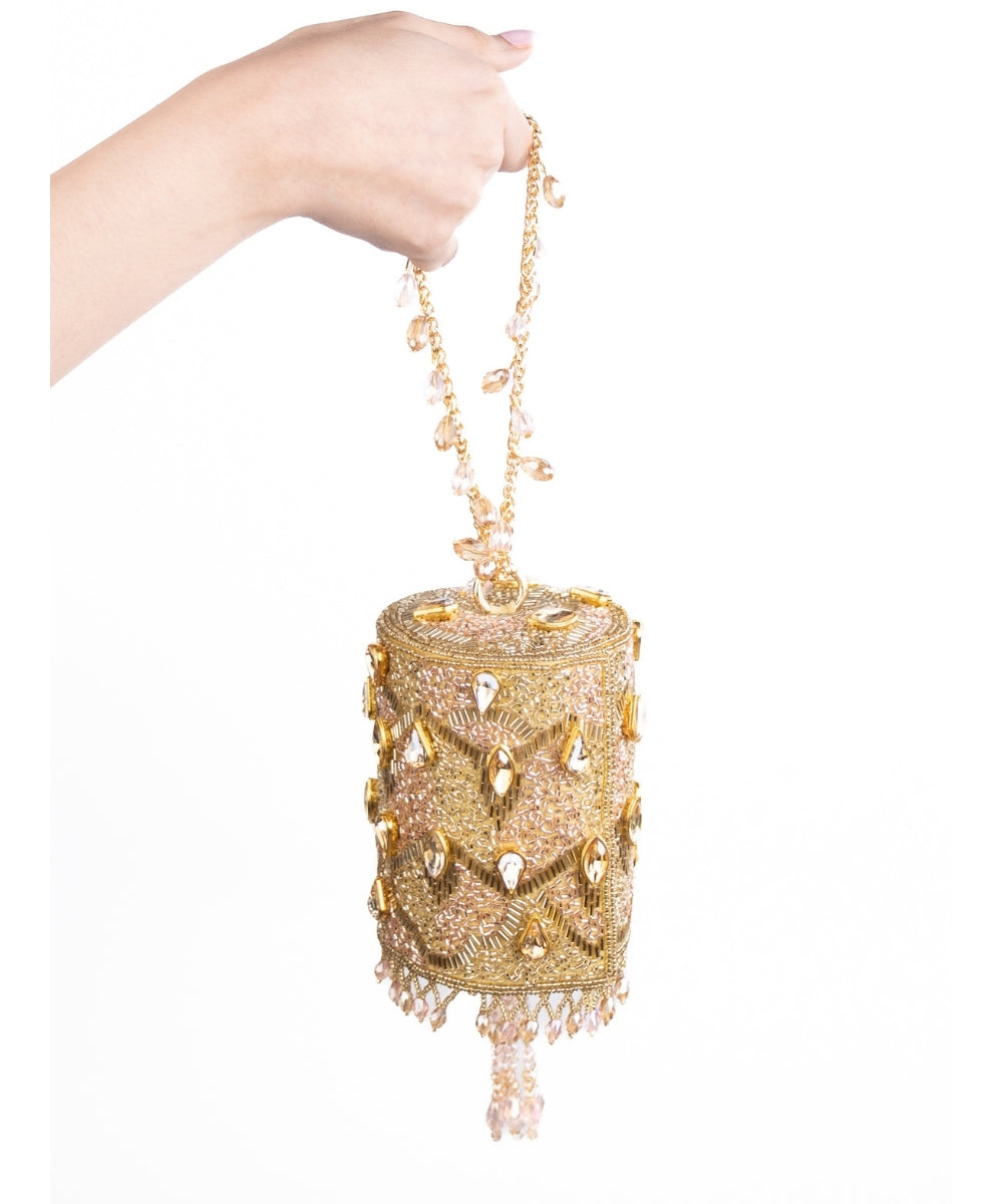 Rania Gold & Pink Georgette Embellished Cylinder Mini Bag