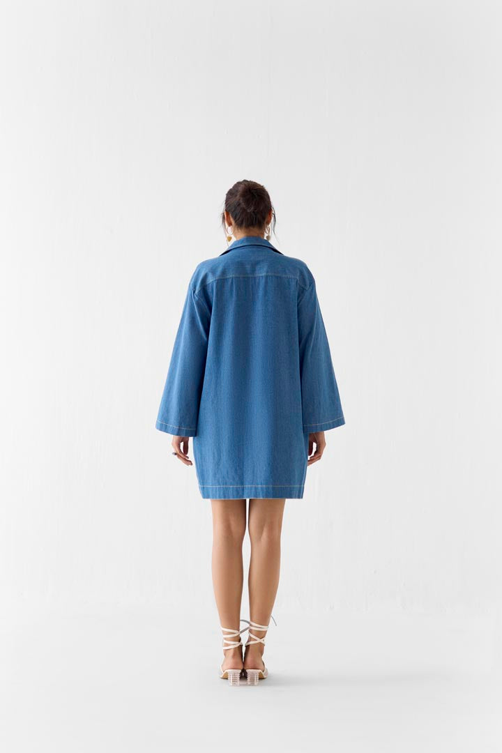 Indigo Short Dress in Faded Cotton Denim with Patchwork Detail