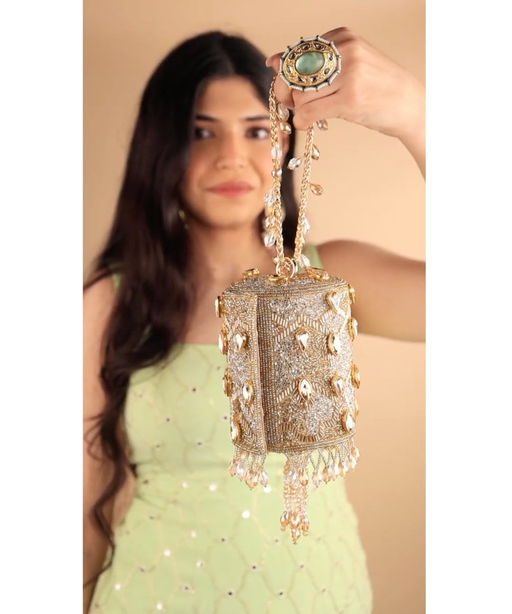 Rania Gold & Silver Georgette Embellished Cylinder Mini Bag