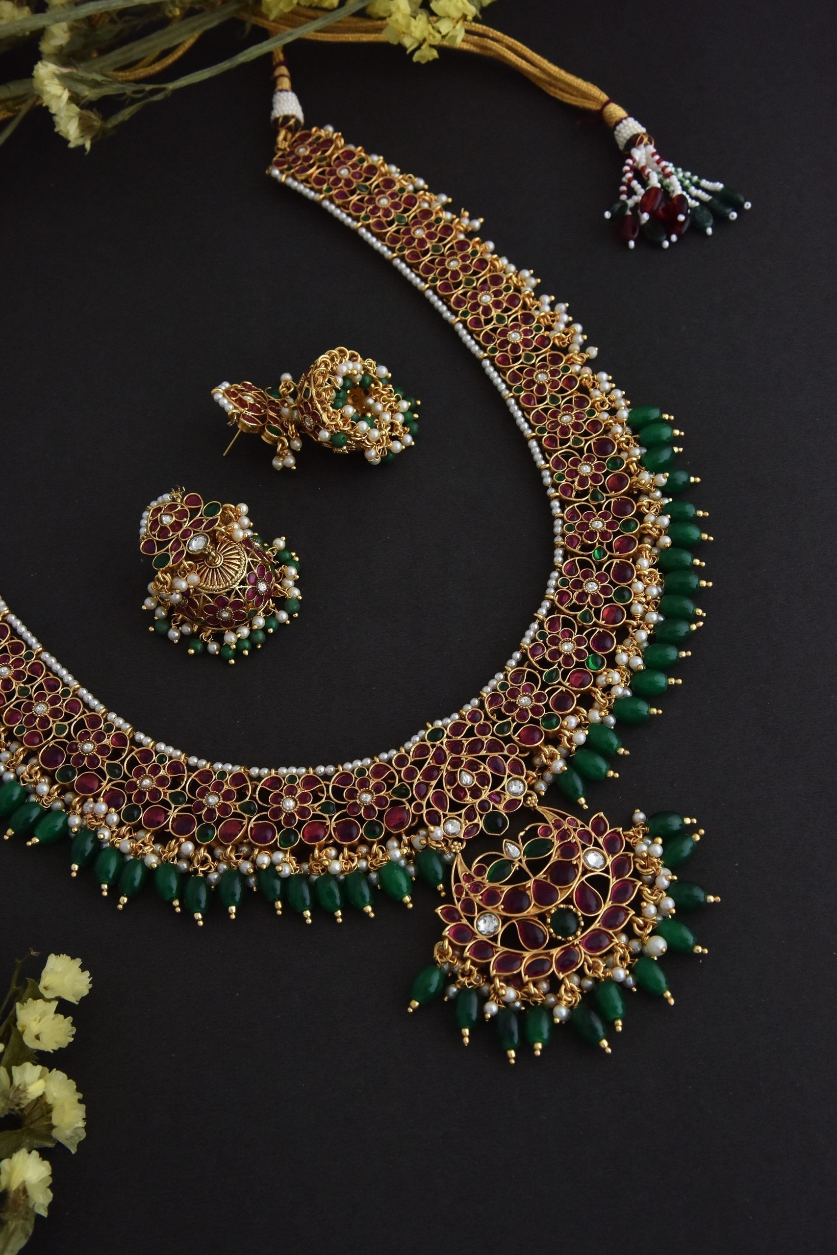 Red and Green Jadau Kundan Necklace Set