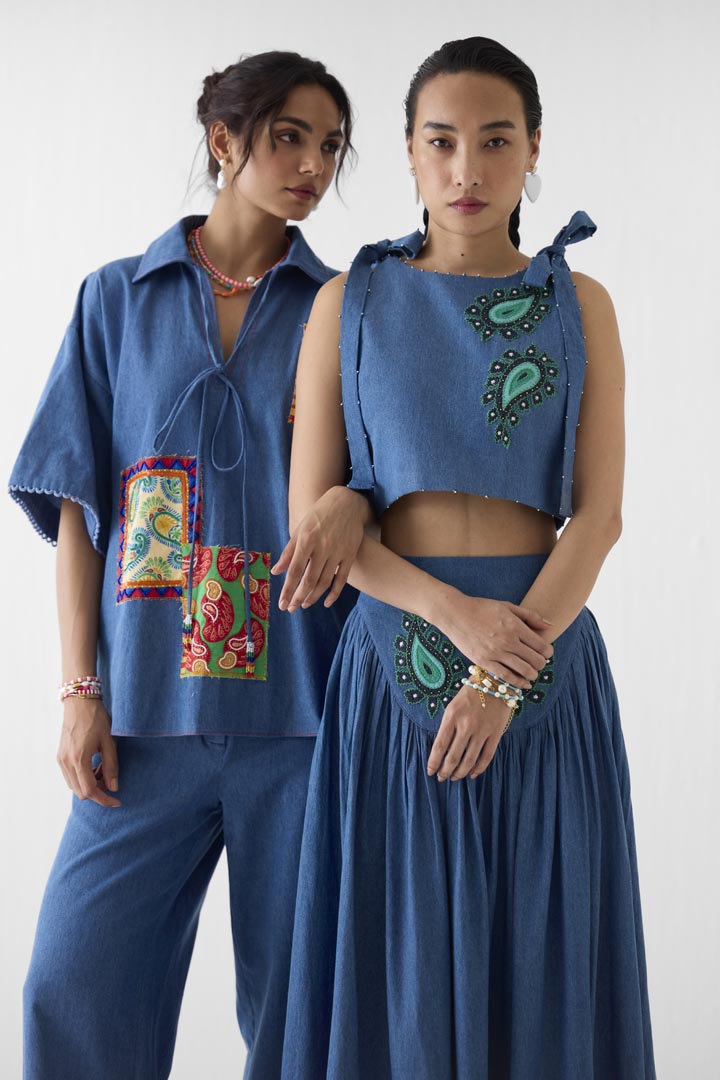 Indigo Patchwork Denim Co-ord Set: Luxury Hand-Embroidered Outfit