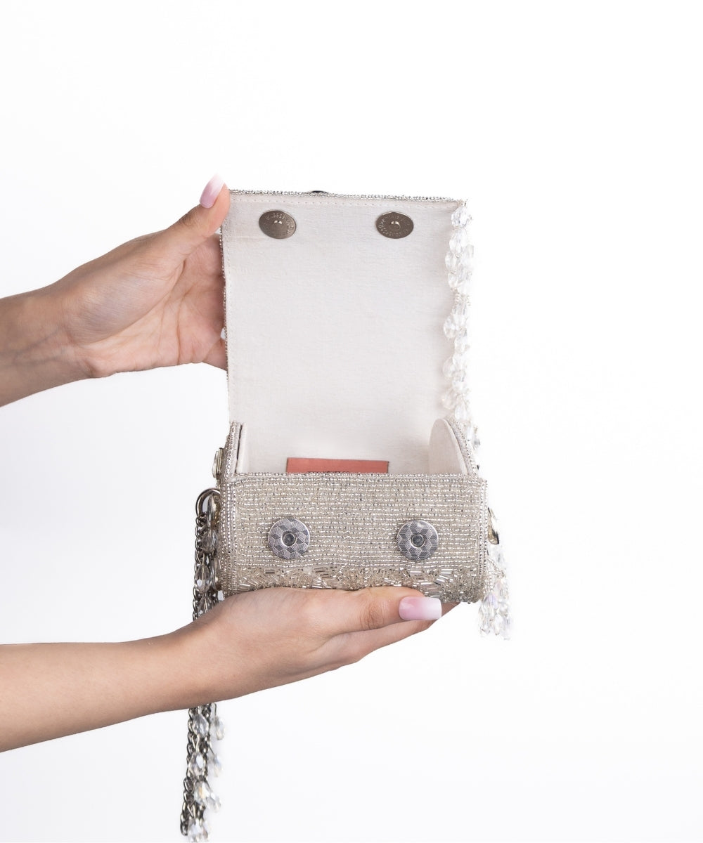Rania Silver Georgette Embellished Cylinder Mini Bag