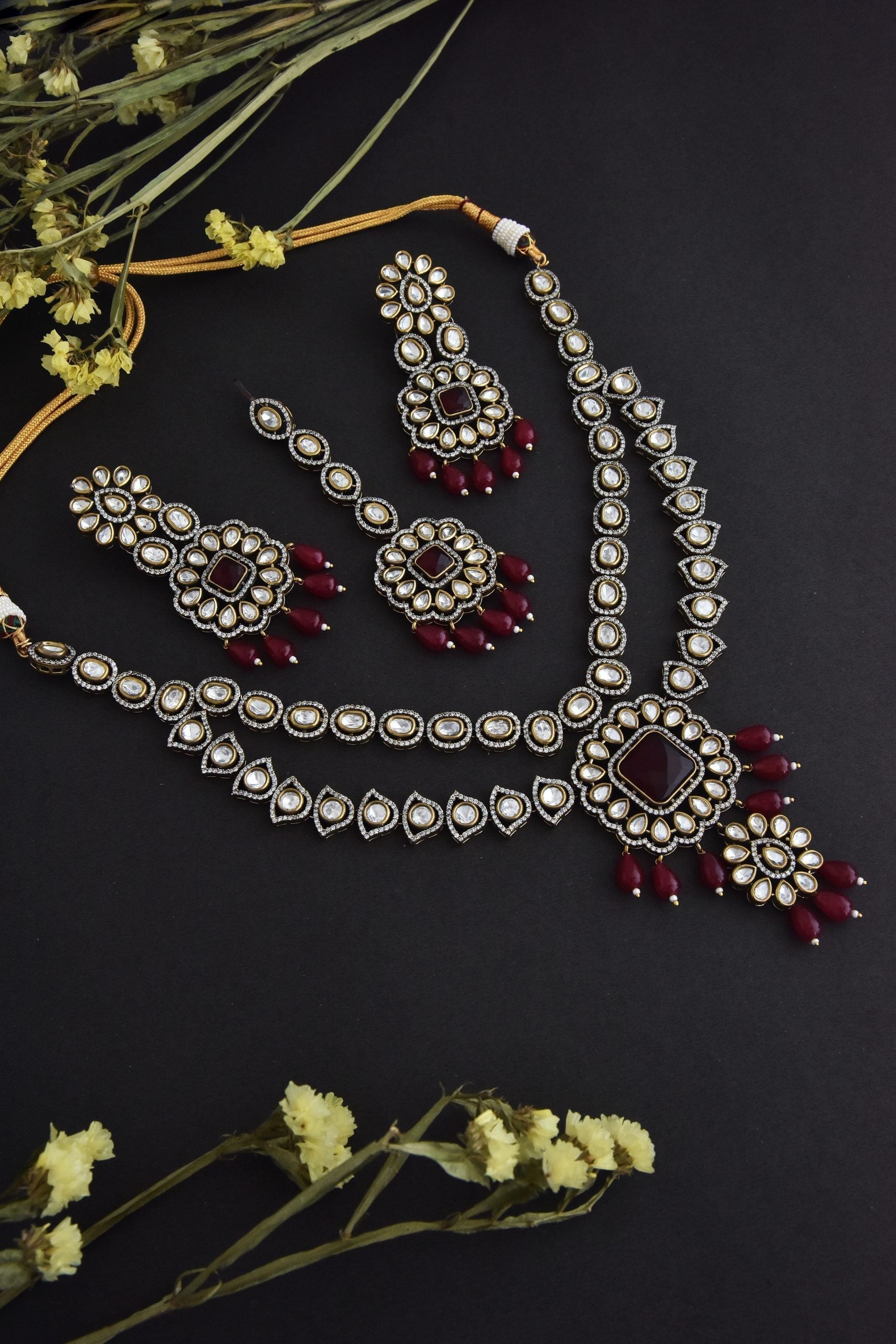 Red Rhodium Tone Polki Necklace Set with Maang Tikka