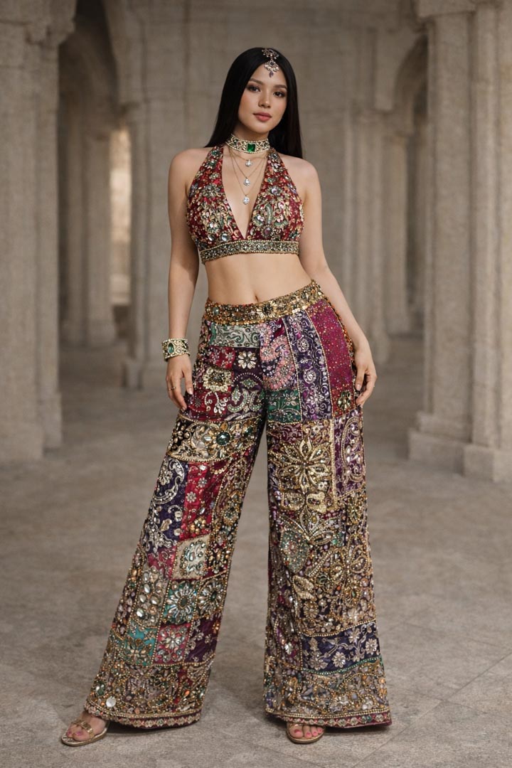 Imperial Hand-Embellished Patchwork Pant and Bikini Top Set