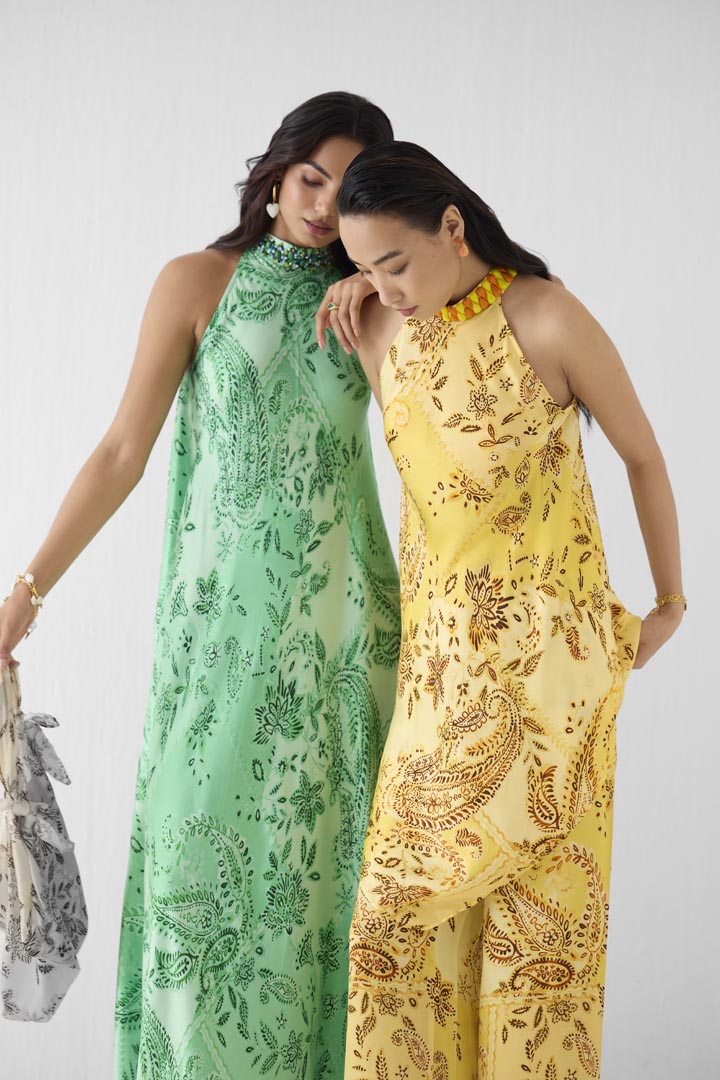 Ambi Paisley Vegan Silk Halter Top and Pants Co-ord Set