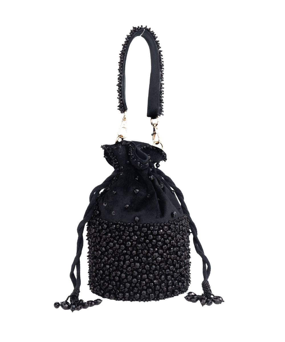 Zaria Black Suede Crystal Embellished Bucket Bag