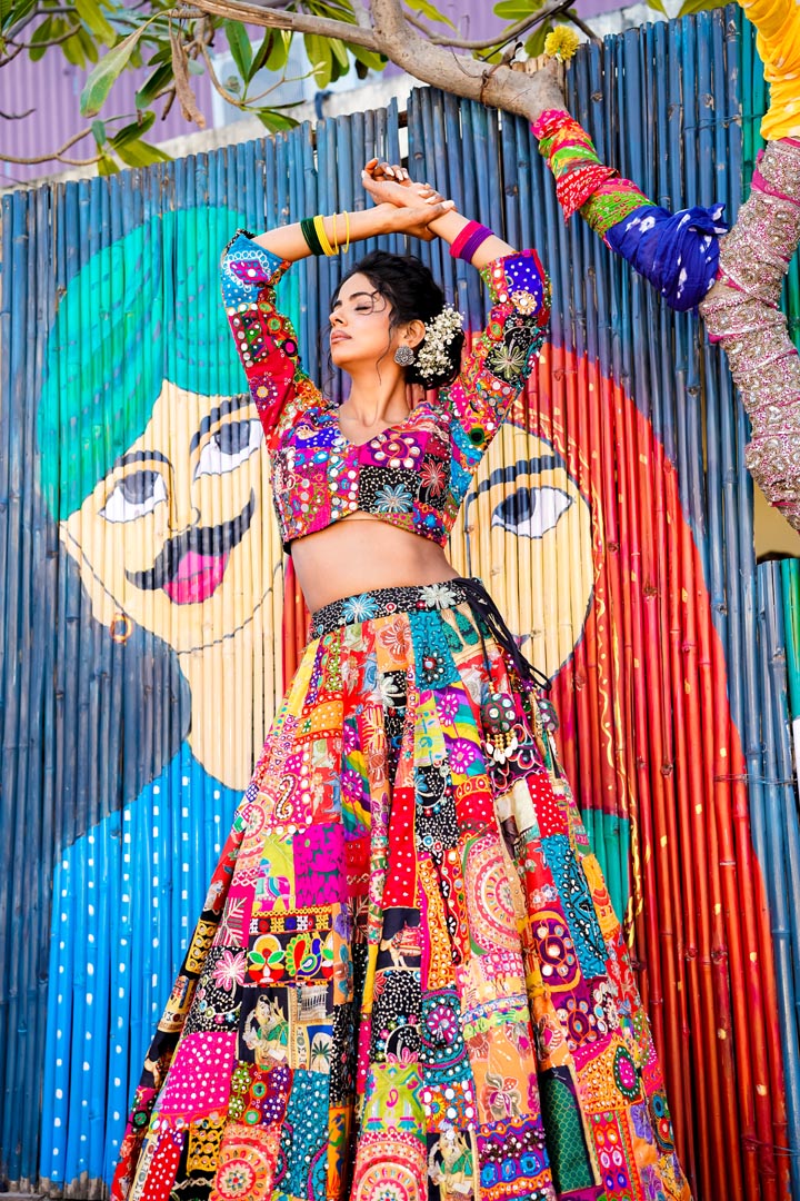 Katha ae Rang Patchwork Lehenga with Handcrafted Kutchi Mirror Work