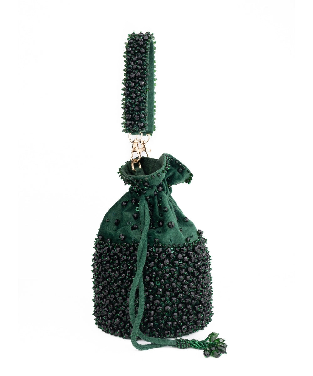 Zaria Green Suede Crystal Embellished Bucket Bag