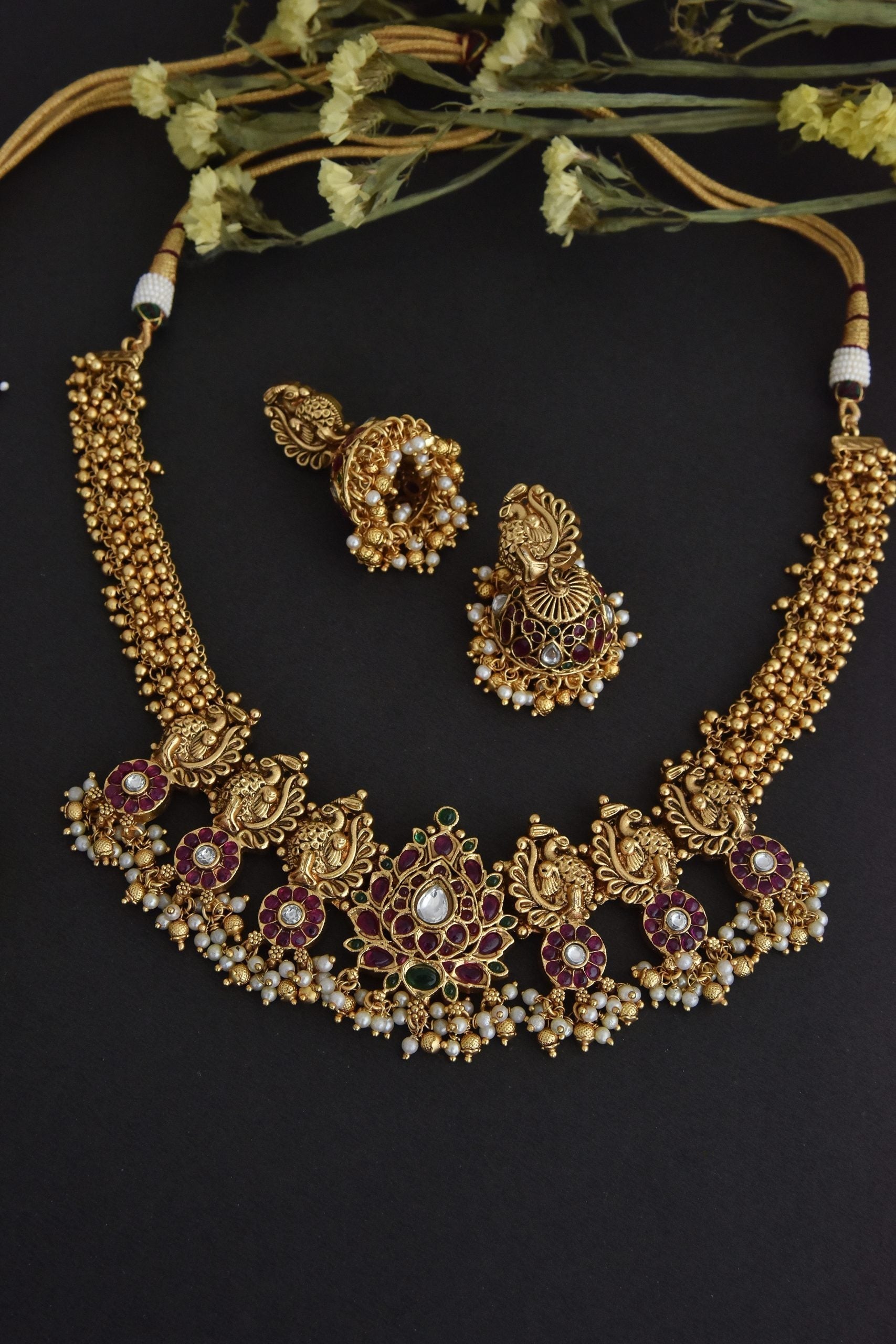 Red and Green Gold Tone jadau Kundan Necklace Set