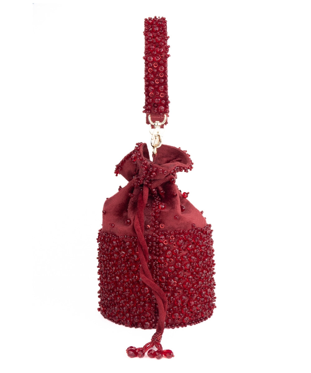 Zaria Maroon Suede Crystal Embellished Bucket Bag