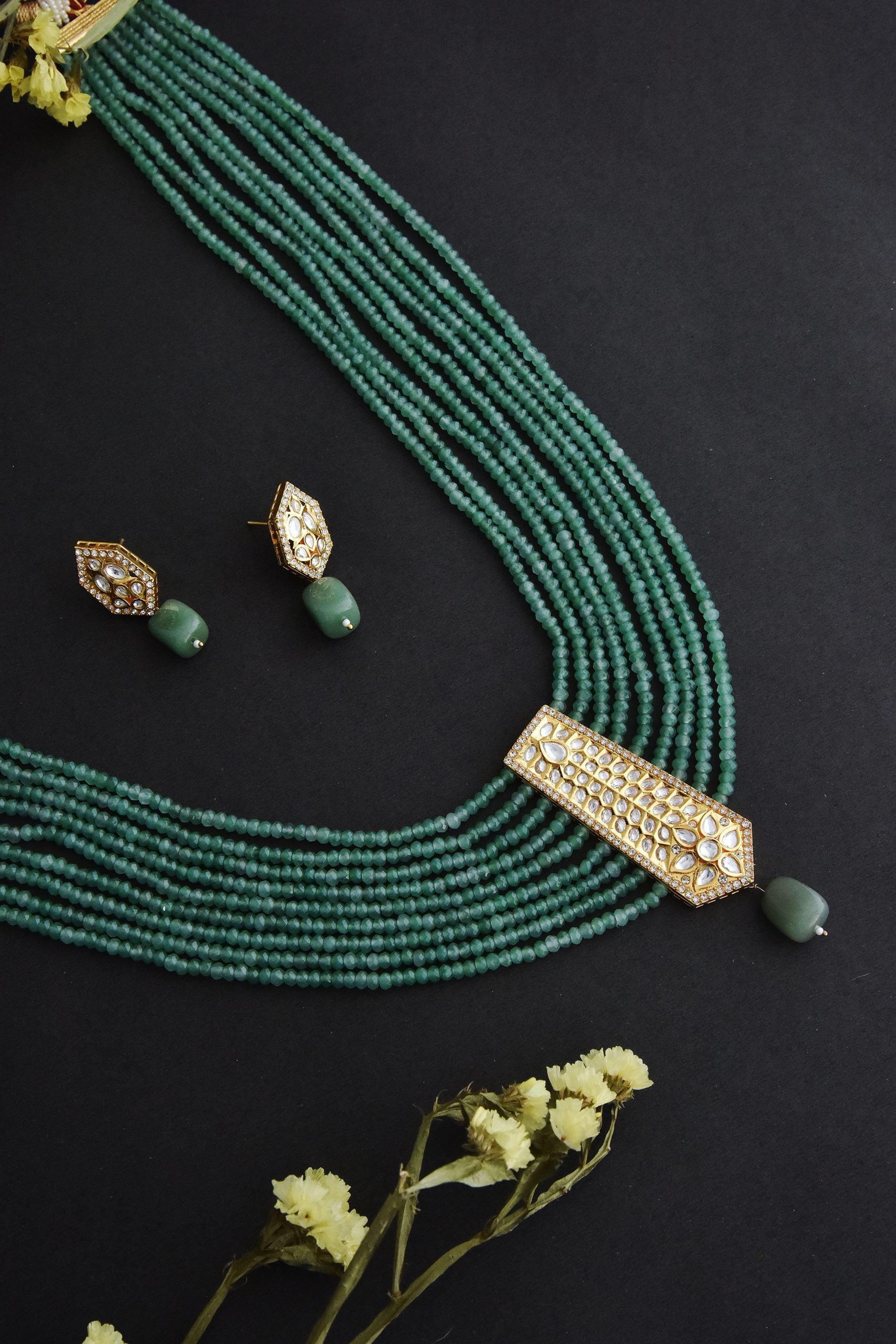 Green Gold Tone Long layered Necklace Set