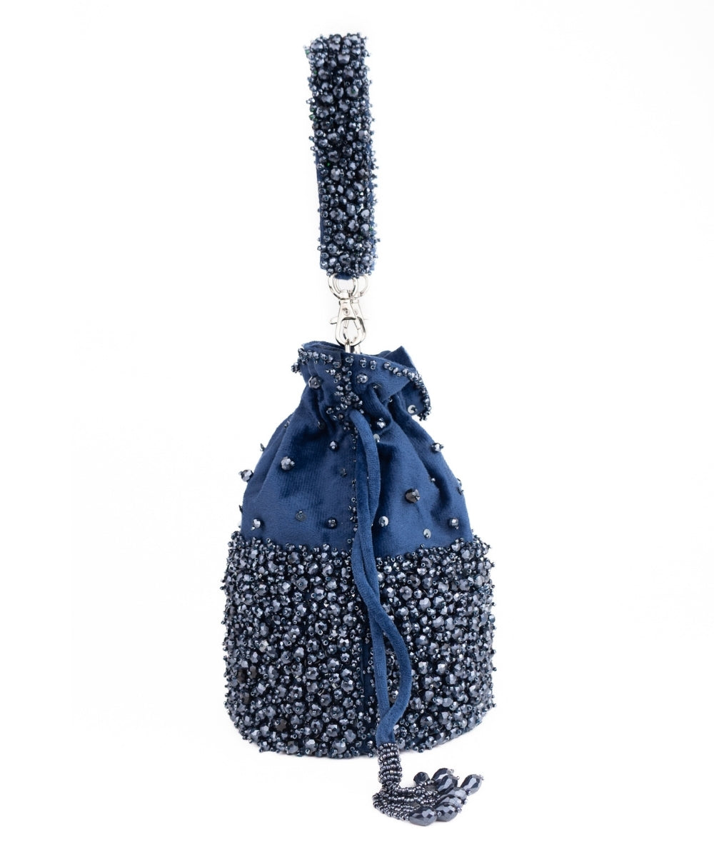 Zaria Navy Blue Suede Crystal Embellished Bucket Bag